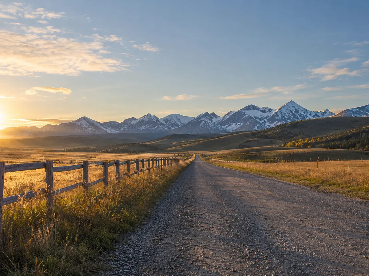 Foothills ranch road with Rockies behind