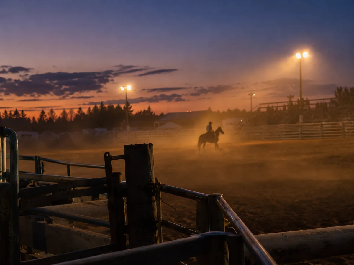 Small-town rodeo, dust and evening light
