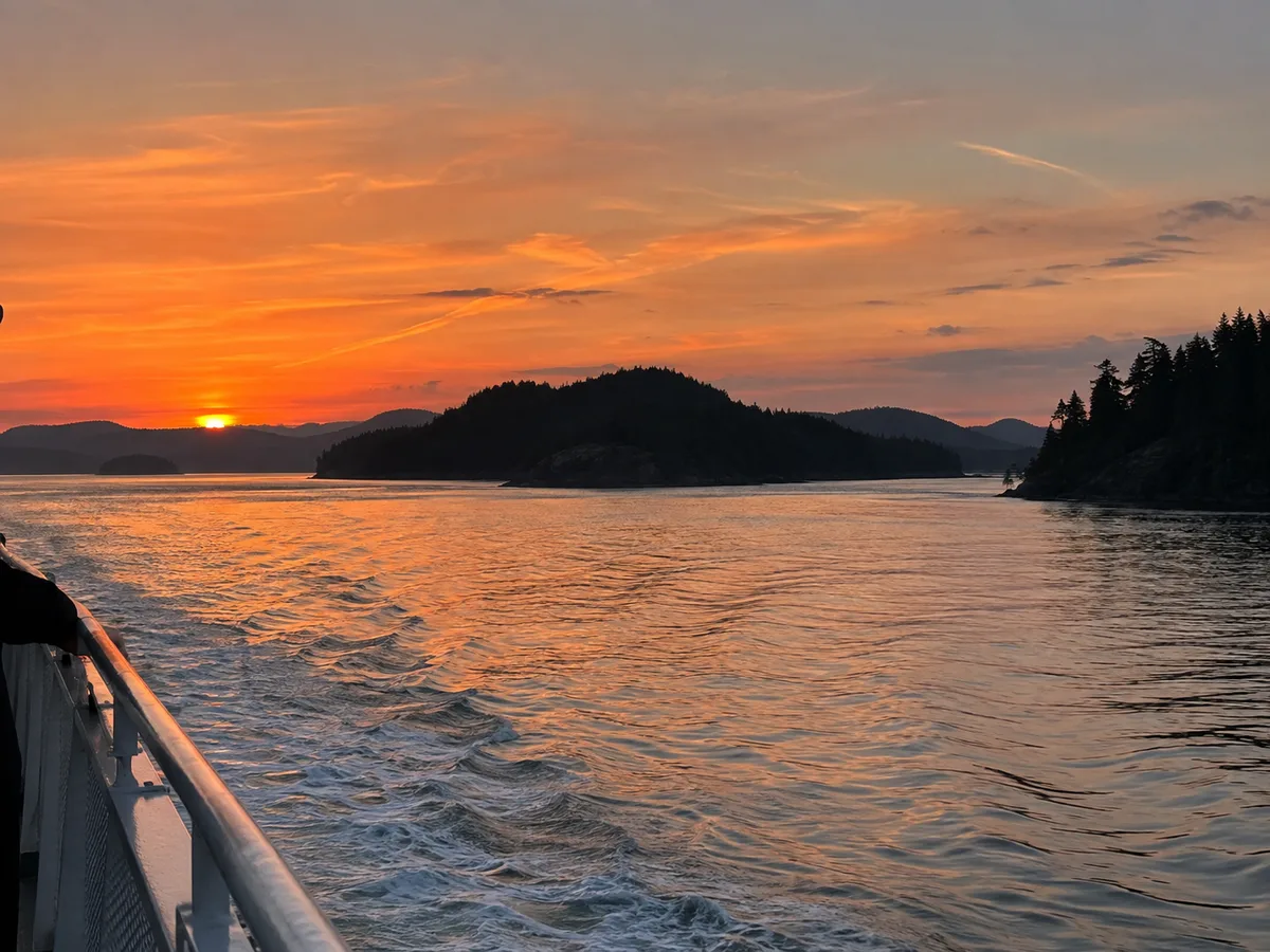 BC ferry deck at sunset through Active Pass