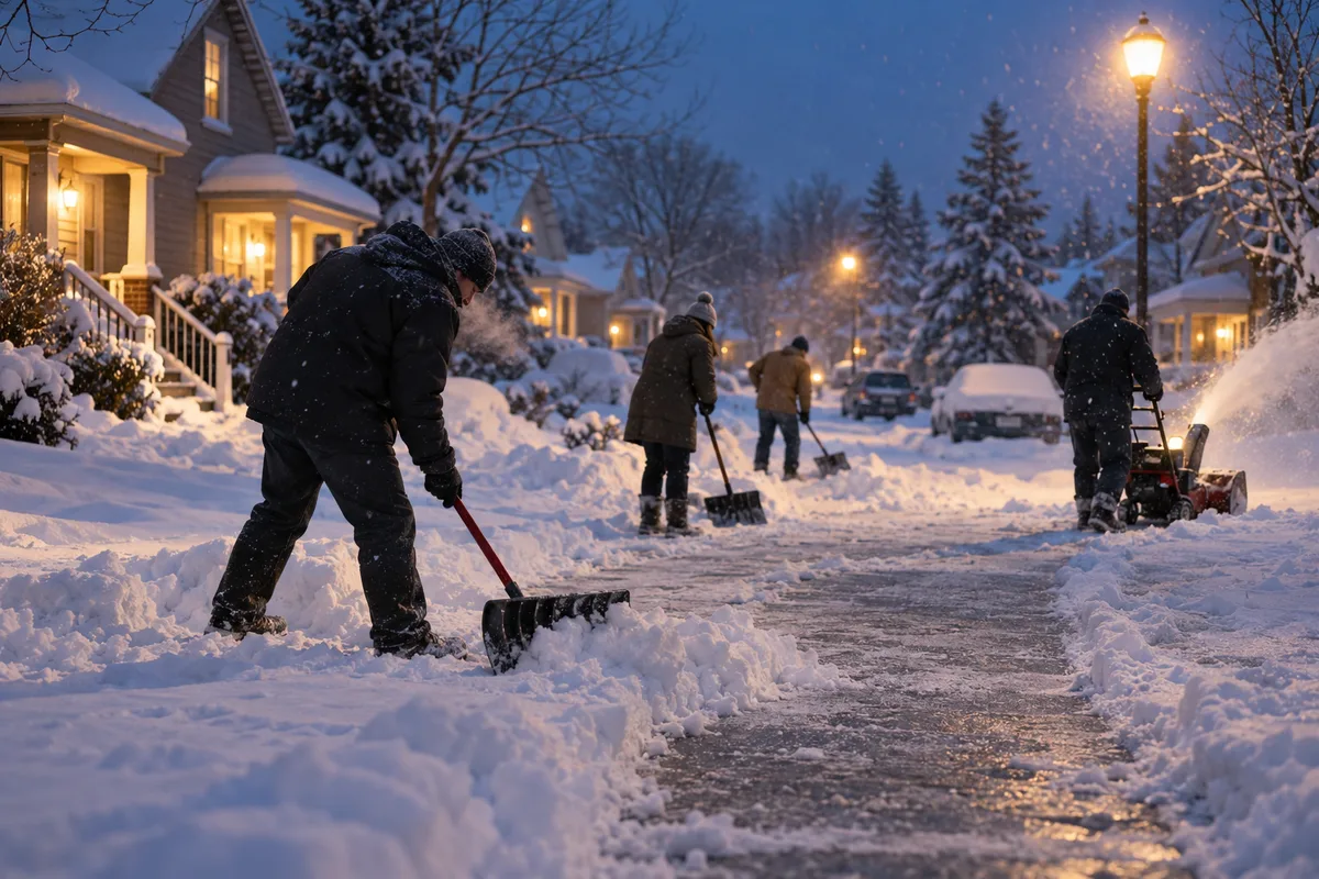 Neighbours digging out a snowed-in street at dusk