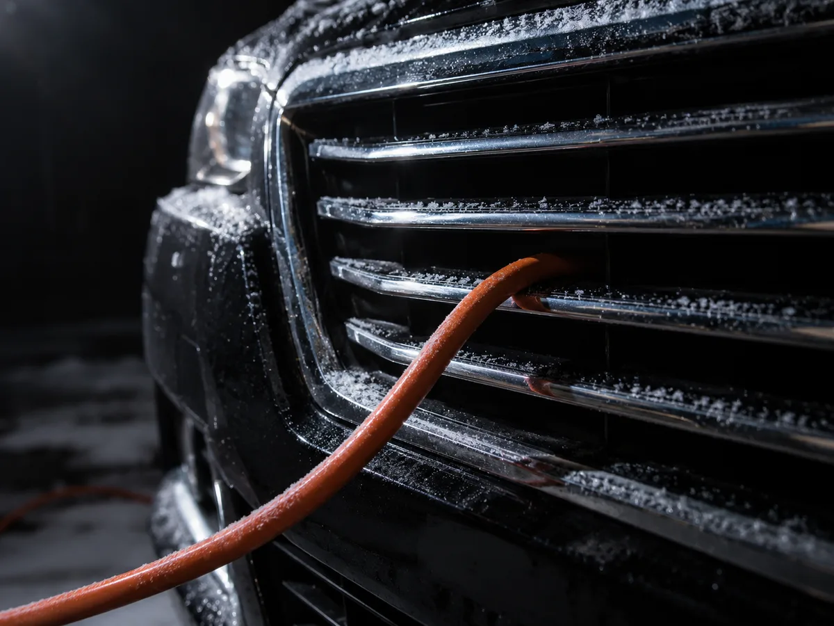 Extension cord through a car grille under dramatic light