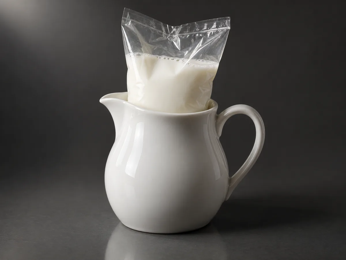 Bag of milk in a jug under museum lighting