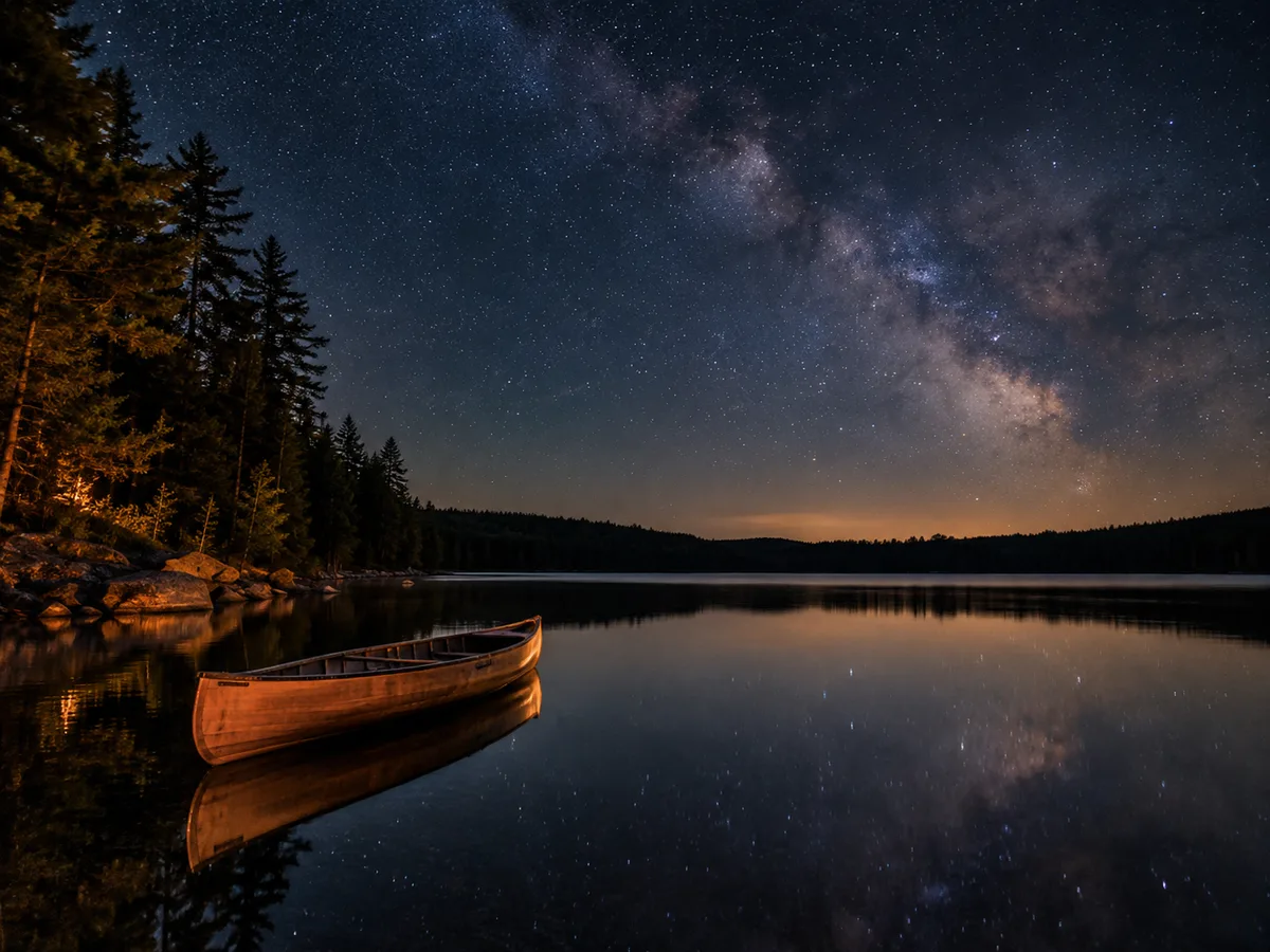 Canoe on still lake at Kejimkujik, stars