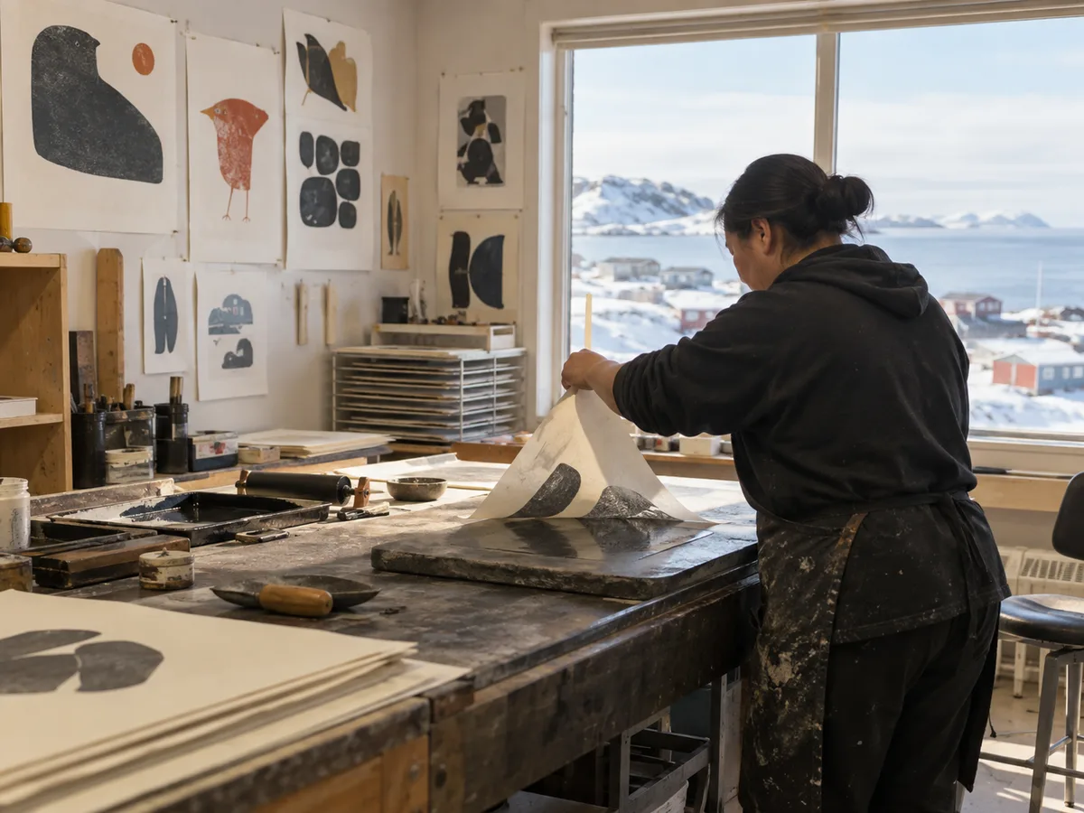Kinngait printmaking studio, artist at work