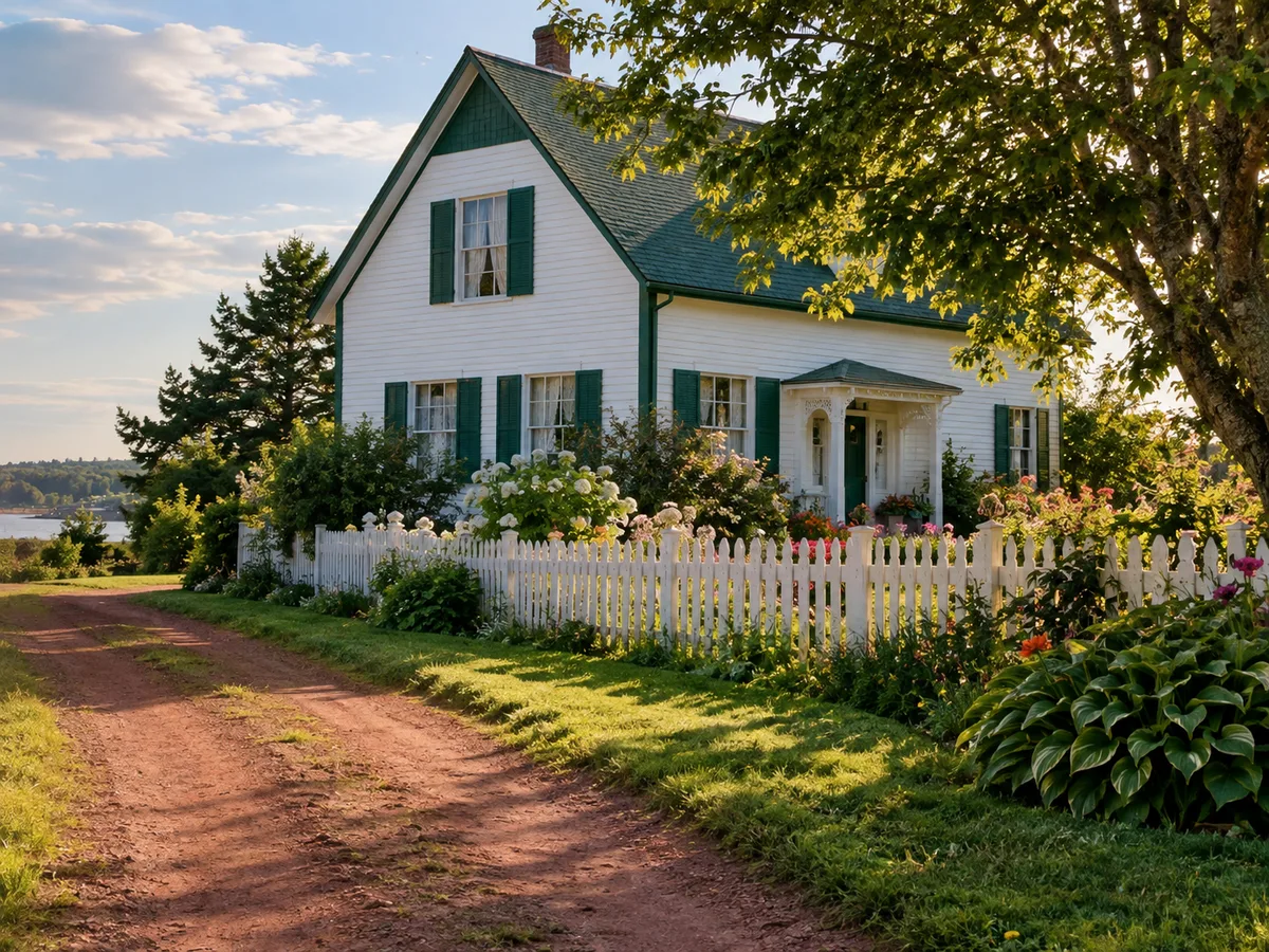 Green Gables farmhouse, gabled roof, gardens