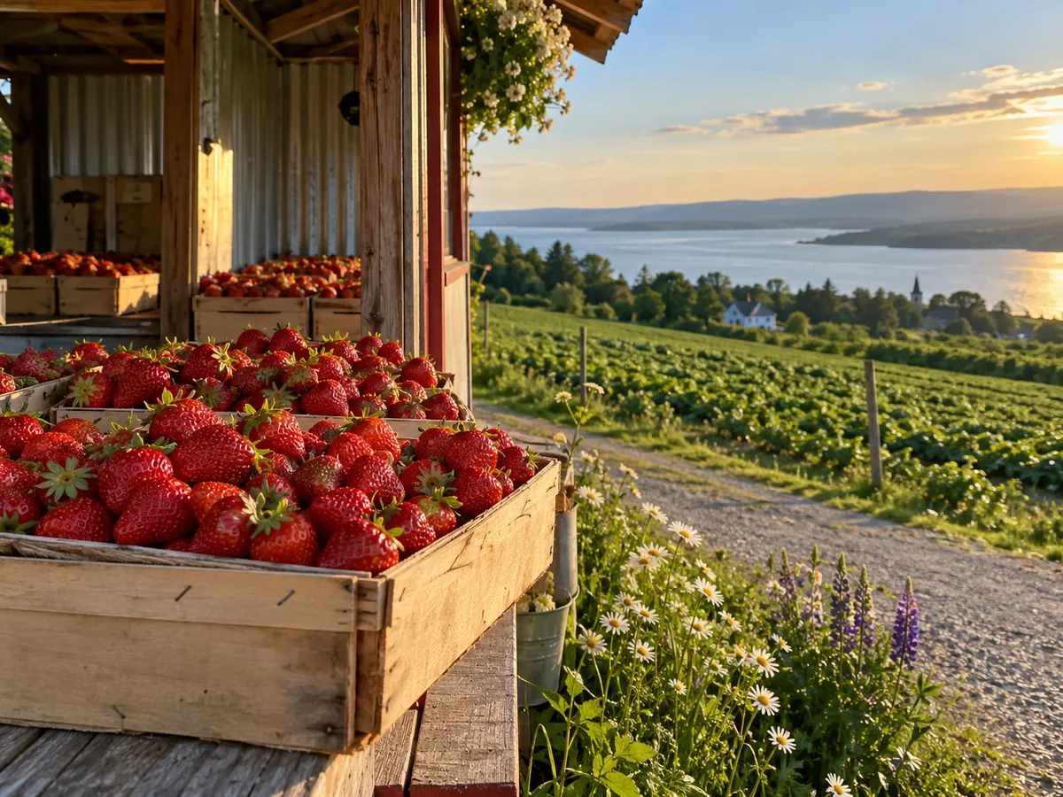Ile d'Orleans farm stand, strawberries, river behind