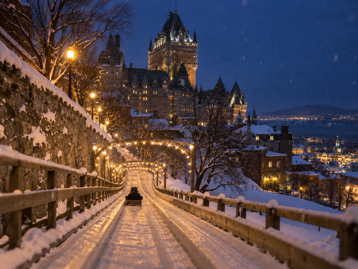 Quebec City toboggan run in winter, lights