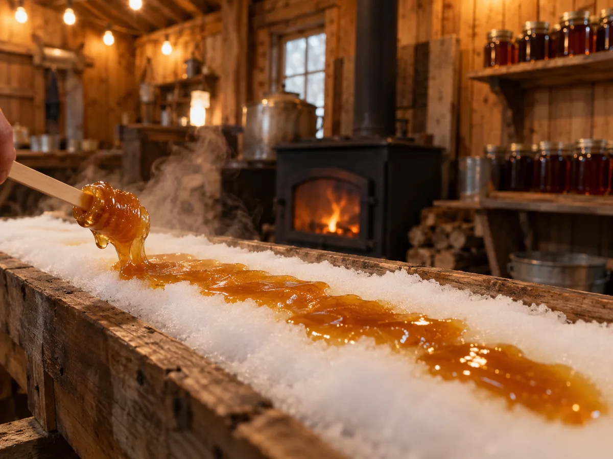 Sugar shack interior, taffy on snow