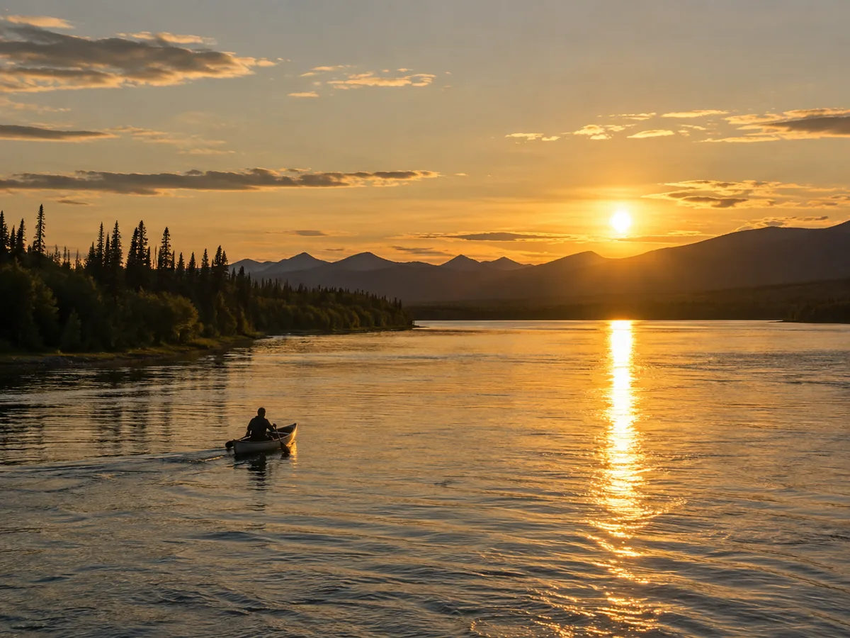 Canoe on the Yukon River under midnight sun