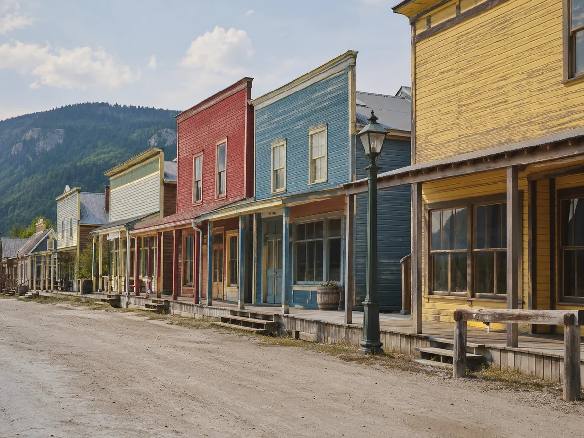 Dawson City wooden storefronts, dirt street
